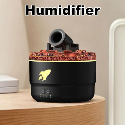 Cannon Blast Aroma Humidifier with volcanic lava design, ultra-quiet operation, and intelligent timing function on a wooden table.