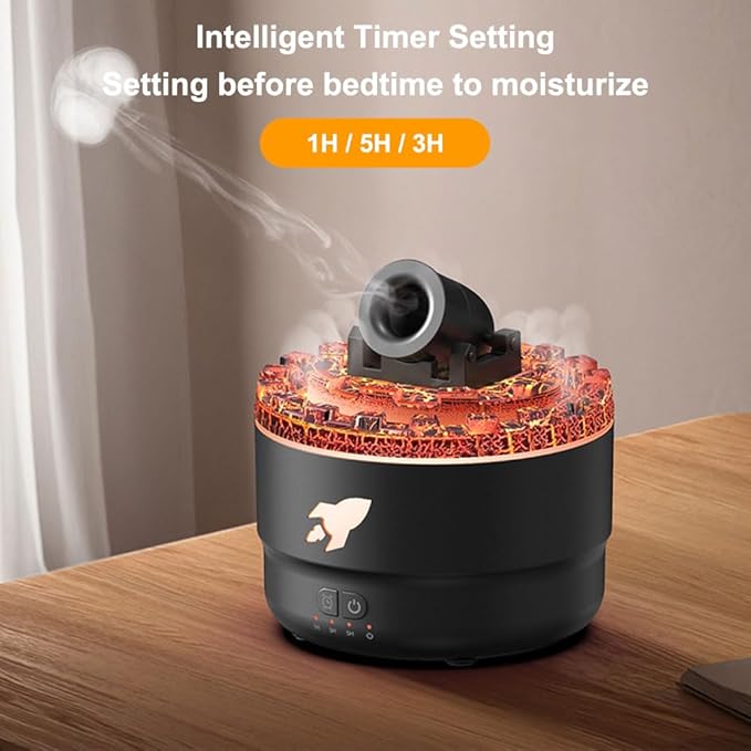 Cannon Blast Aroma Humidifier with volcanic design and intelligent timer settings for 1/3/5 hours, resting on a wooden table.