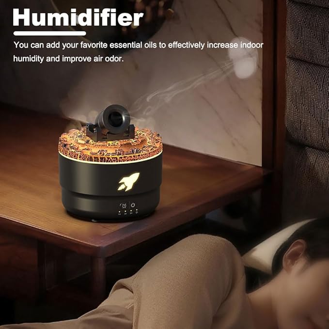 Cannon Blast Aroma Humidifier emitting mist on a bedside table, enhancing relaxation and air quality in a cozy bedroom setting.