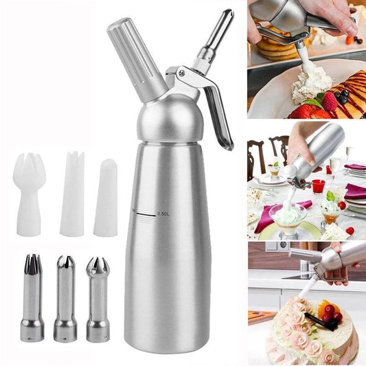 Whippers cream foam gun siphon with nozzles, shown in use on desserts, featuring 500ml aluminum bottle for easy whipped cream dispensing.