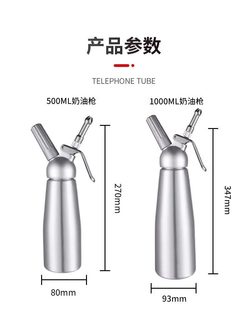 Whippers cream foam gun siphon squeeze bottles in 500ml and 1000ml sizes, with measurements and aluminum finish.