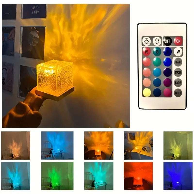 Dynamic Rotating Water Ripple Projector Night Light 16 Colors Flame Crystal Lamp for Living Room Study Bedroom Dynamic Rotating